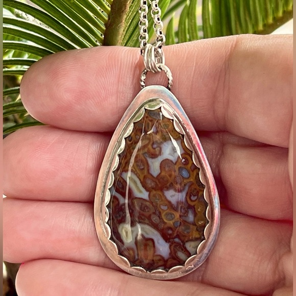 NWT Genuine Petrified Wood Gemstone Sterling Silver .925Necklace w/ 20” SS Chain - Picture 2 of 6